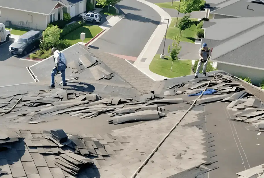 Two roofers tearing off old asphalt shingles above a residential street