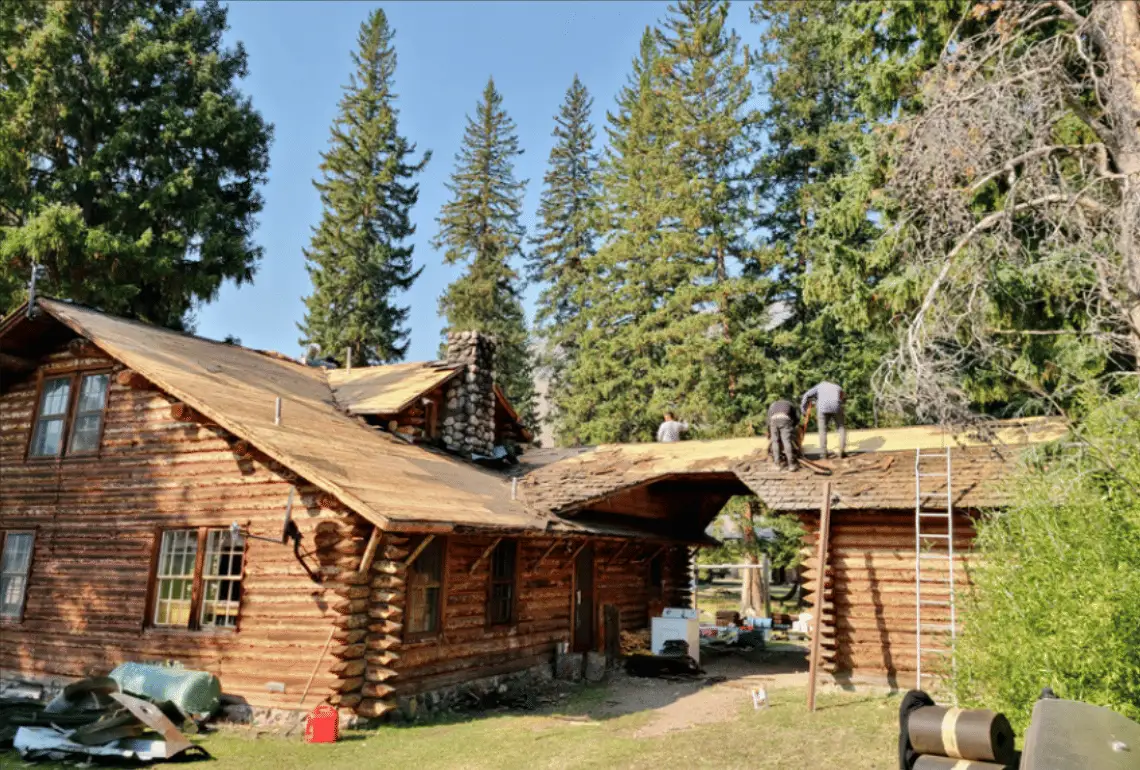Crew re-roofing a historic log building among tall pines