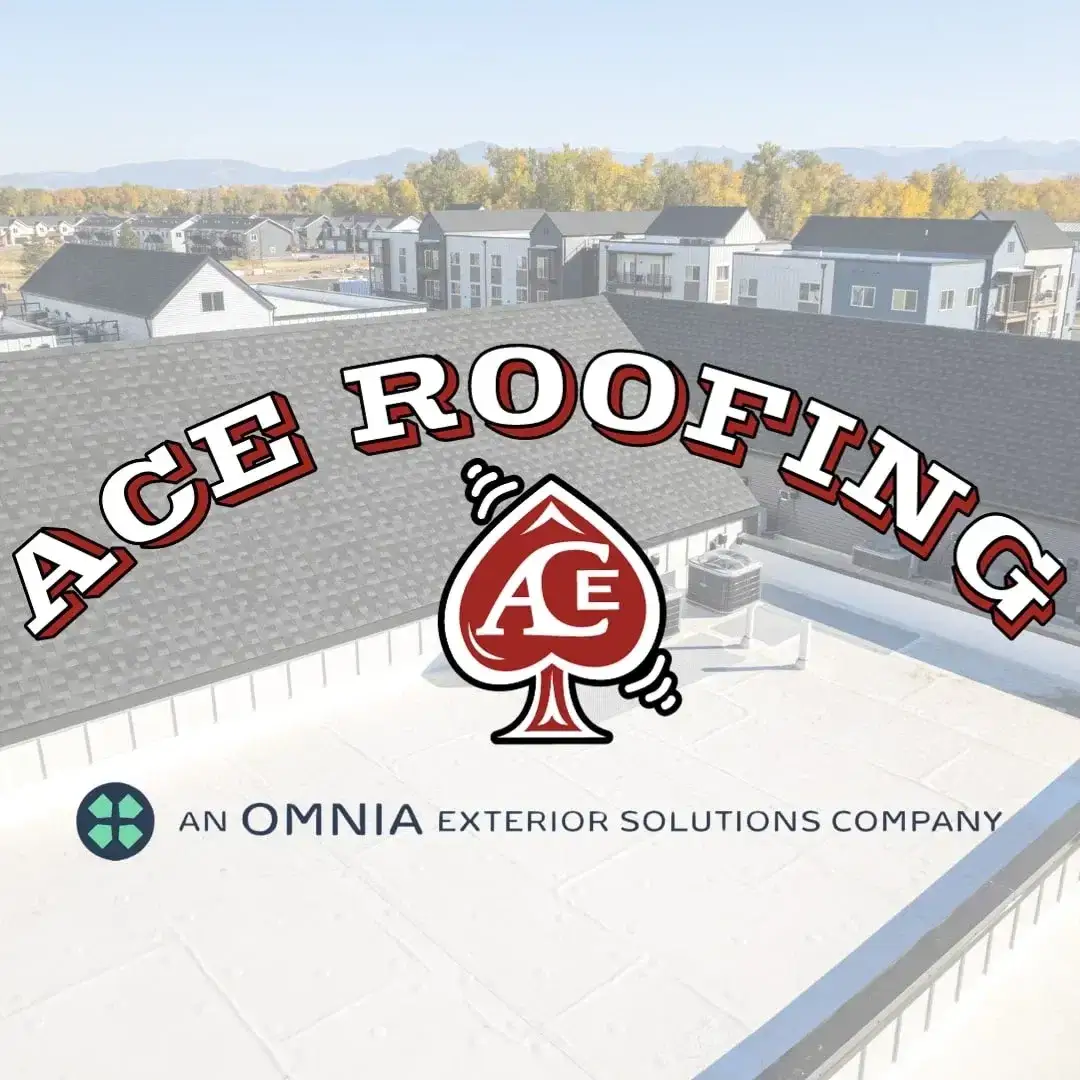 Ace Roofing, an Omnia Exterior Solutions company, logo over an aerial view of apartment roofs